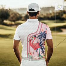 Load image into Gallery viewer, Funny Mens Golf Polo Shirt Custom Pink And White Tropical Flamingo Patter,White Golf Shirt NBT479