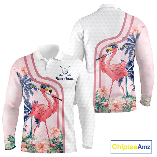 Funny Mens Golf Polo Shirt Custom Pink And White Tropical Flamingo Patter,White Golf Shirt NBT479