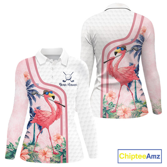 Funny Womens Golf Polo Shirts Custom Pink And White Tropical Flamingo Patter,White Golf Shirt NBT479