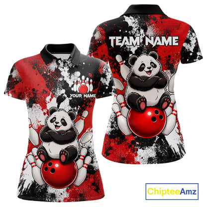 Funny Black And Red Panda Bowling Polo & Quarter Zip For Women, Custom Bowling Team Shirt Bowling Jersey NBT913