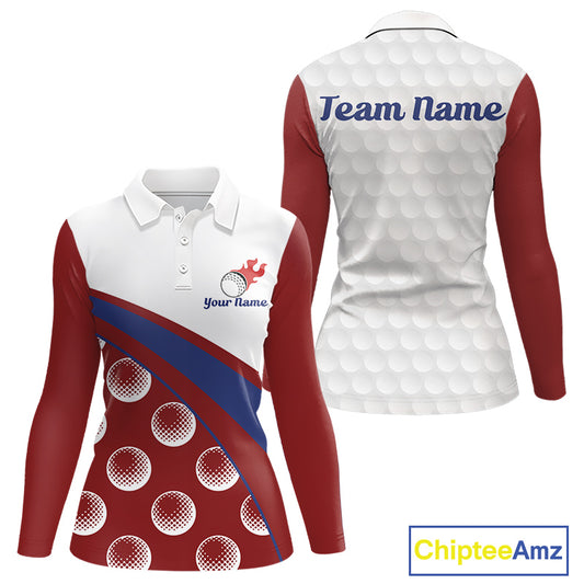 front view of funny golf balls pattern long sleeve womens red golf polo shirt for ladies