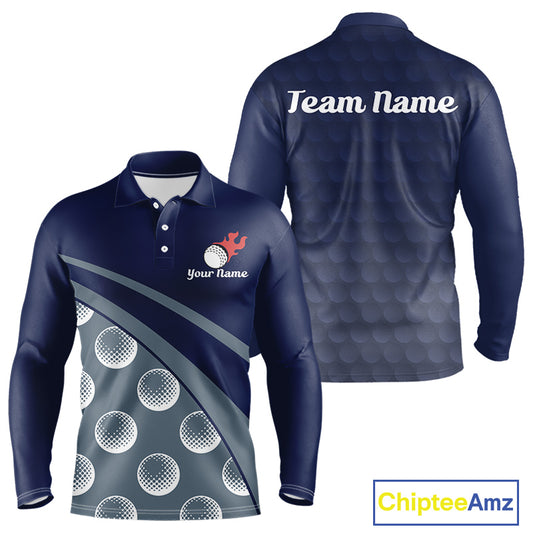 Funny golf balls pattern mens long sleeve golf polo shirt with personalized name - front view