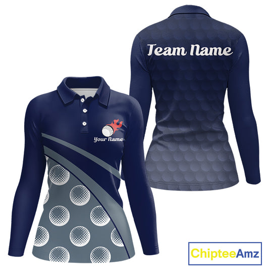 front view of funny golf balls pattern long sleeve womens blue golf polo shirt for ladies