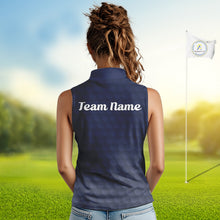 Load image into Gallery viewer, woman in funny golf balls womens blue sleeveless golf polo shirt with team name 
