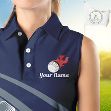 Load image into Gallery viewer, close up funny golf balls pattern on womens sleeveless blue golf polo shirt for ladies