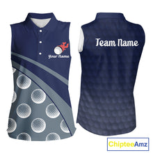 Load image into Gallery viewer, front view of funny golf balls pattern womens sleeveless blue golf polo shirt for ladies