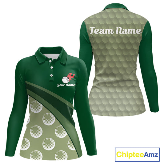 front view of funny golf balls pattern long sleeve womens green golf polo shirt for ladies