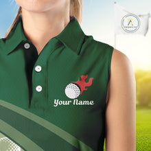 Load image into Gallery viewer, close up funny golf balls pattern on womens sleeveless green golf polo shirt for ladies