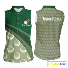 Load image into Gallery viewer, front view of funny golf balls pattern womens sleeveless green golf polo shirt for ladies