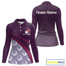 Load image into Gallery viewer, front view of funny golf balls pattern long sleeve womens purple golf polo shirt for ladies