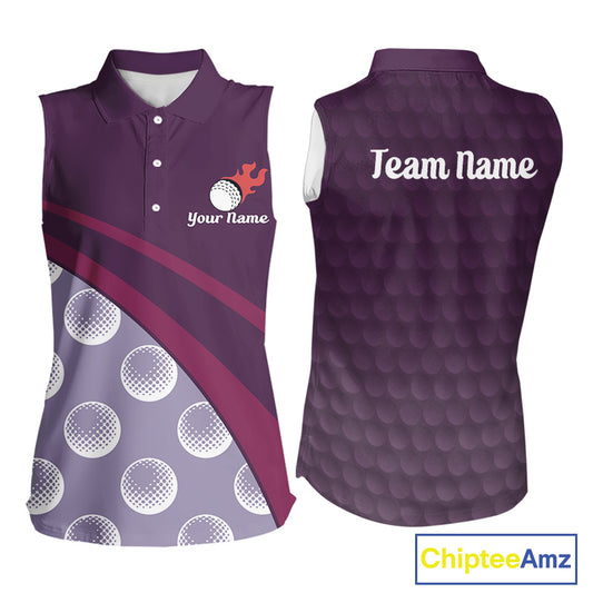 front view of funny golf balls pattern womens purple golf polo shirt for ladies
