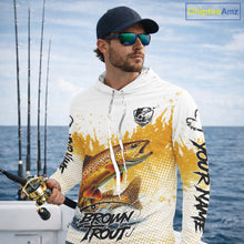 Load image into Gallery viewer, Custom Brown Trout Long Sleeve Hooded Fishing Shirts Yellow Camo Fishing Lures, Custom Fishing Jerseys NBT377