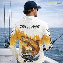 Load image into Gallery viewer, Custom Brown Trout Long Sleeve Hooded Fishing Shirts Yellow Camo Fishing Lures, Custom Fishing Jerseys NBT377