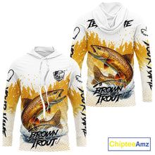 Load image into Gallery viewer, Custom Brown Trout Long Sleeve Hooded Fishing Shirts Yellow Camo Fishing Lures, Custom Fishing Jerseys NBT377