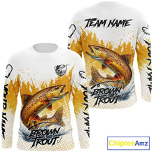 Load image into Gallery viewer, Custom Brown Trout Long Sleeve Fishing Shirts Yellow Camo Fishing Lures, Custom Fishing Jerseys NBT377