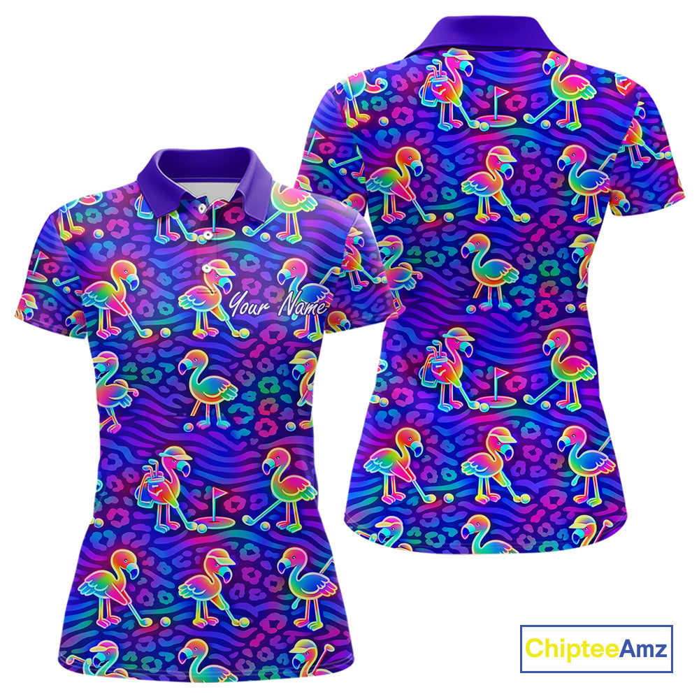 Colorful Neon Rainbow Leopard Flamingo Pattern Womens Polo Shirts, Custom Flamingo Golf Shirts NBT507