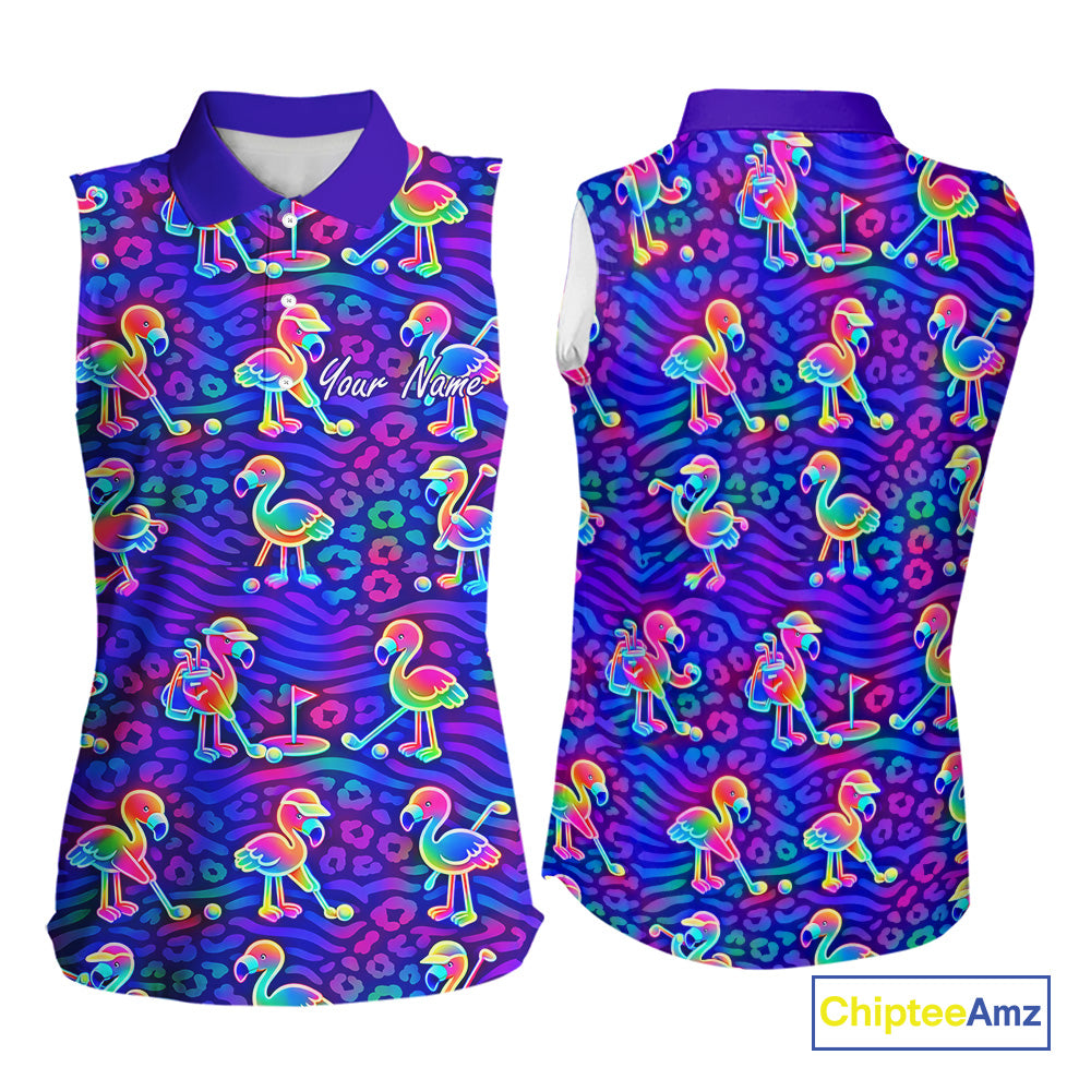Colorful Neon Rainbow Leopard Flamingo Pattern Womens Sleeveless Polo Shirts, Custom Flamingo Golf Shirts NBT507