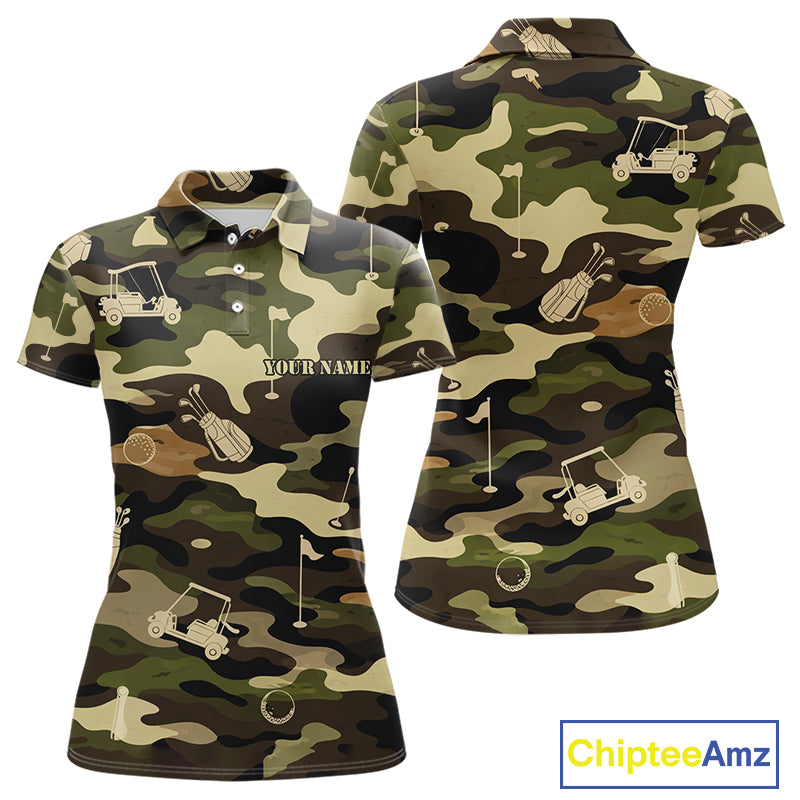 Green Camo Womens Golf Polo Shirts Custom Golf Attire For Ladies, Personalized Golfer Gifts NBT626