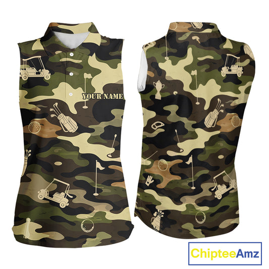 Green Camo Womens Sleeveless Golf Polo Shirts Custom Golf Attire For Ladies, Personalized Golfer Gifts NBT626