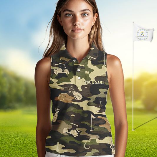 Green Camo Womens Sleeveless Golf Polo Shirts Custom Golf Attire For Ladies, Personalized Golfer Gifts NBT626