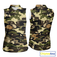 Load image into Gallery viewer, Green Camo Womens Sleeveless Golf Polo Shirts Custom Golf Attire For Ladies, Personalized Golfer Gifts NBT626