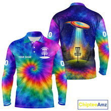 Load image into Gallery viewer, Mens Disc Golf Polo Shirts with Colorful Tie Dye Background Custom Disc Golf Team Shirt, Disc Golf Gift NBT657