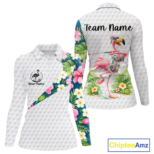 Funny Womens Golf Polo Shirt Custom Tropical Flamingo Pattern White Golf Shirts NBT523