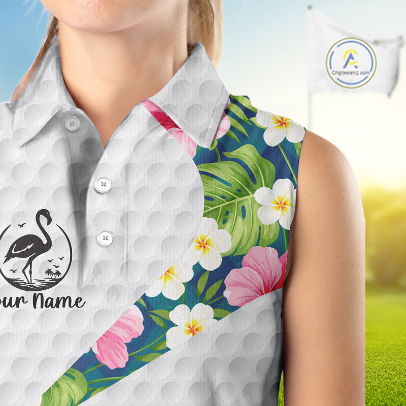 Funny Womens Sleeveless Golf Polo Shirt Custom Tropical Flamingo Pattern White Golf Shirts NBT521