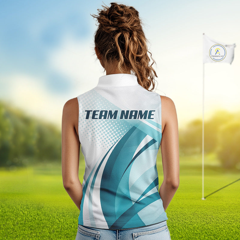 Womens Sleeveless Golf Polo Shirt Blue Pattern Custom Name And Team Name Golf Shirt, Golfing Gifts NBT528