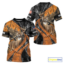 Load image into Gallery viewer, Whitetail Deer Hunting Orange and Black Camo Shirts with US Flag, Personalized Hunting Shirt NBT68