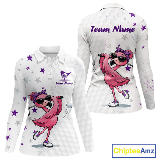 White polo shirt with pink flamingo design and 'Team Name' text