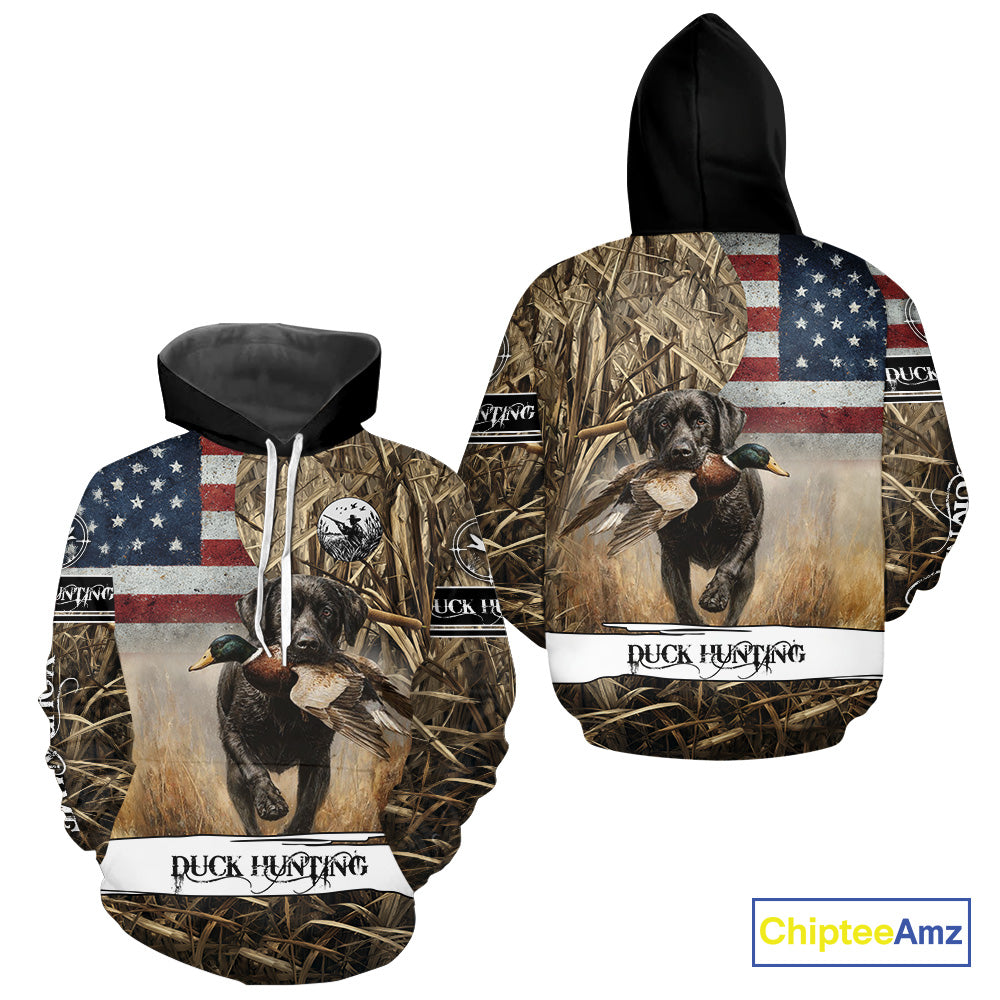 Duck Hunting Waterfowl Camo US Flag Black Labrador Retriever Dog Shirts, Duck Hunting Gifts NBT80