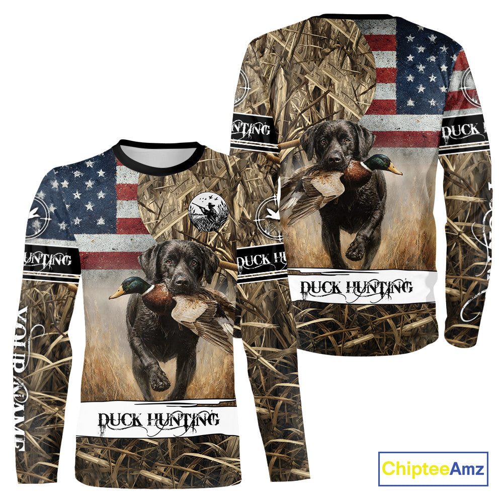 Duck Hunting Waterfowl Camo US Flag Black Labrador Retriever Dog Shirts, Duck Hunting Gifts NBT80
