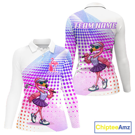 Custom Name Funny Flamingo Womens Golf Polo Shirts, Golf Gifts For Ladies, Flamingo Lovers NBT540