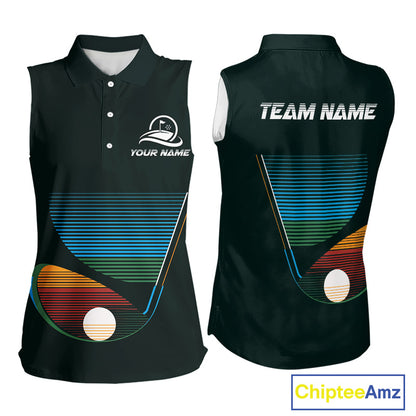 Women's custom sleeveless golf team polo shirt, colorful club design front view