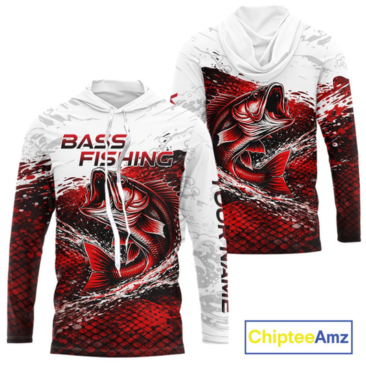 Custom Largemouth Bass Red Fish Scale Long Sleeve Hooded Fishing Shirts, Bass Fishing Jerseys|Red NBT344