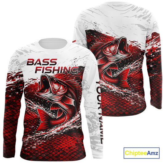 Custom Largemouth Bass Red Fish Scale Long Sleeve Fishing Shirts, Bass Fishing Jerseys|Red NBT344