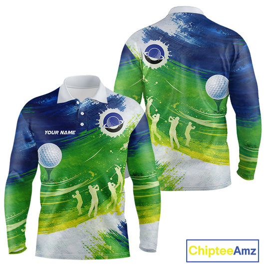 Mens Golf Polo Shirts Custom Name Blue And Green Golf Shirt, Tournament Golf Tops For Mens NBT546