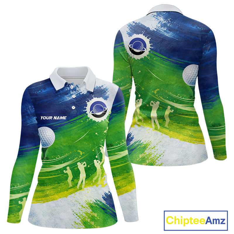 Womens Golf Polo Shirts Custom Name Blue And Green Golf Shirt, Tournament Golf Tops For Ladies NBT546