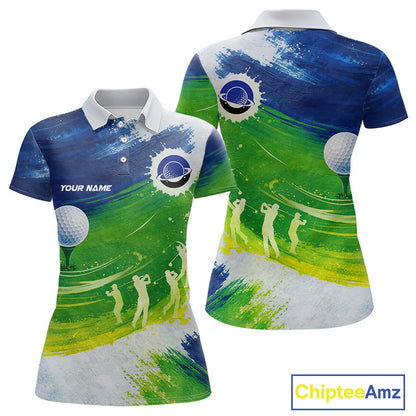 Womens Golf Polo Shirts Custom Name Blue And Green Golf Shirt, Tournament Golf Tops For Ladies NBT546