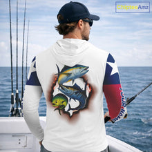 Load image into Gallery viewer, Personalized Texas Flag Mahi Mahi, Wahoo, Tuna Performance Long Sleeve Hooded Fishing Shirts NBT690