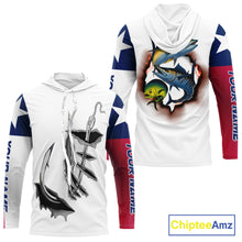 Load image into Gallery viewer, Personalized Texas Flag Mahi Mahi, Wahoo, Tuna Performance Long Sleeve Hooded Fishing Shirts NBT690