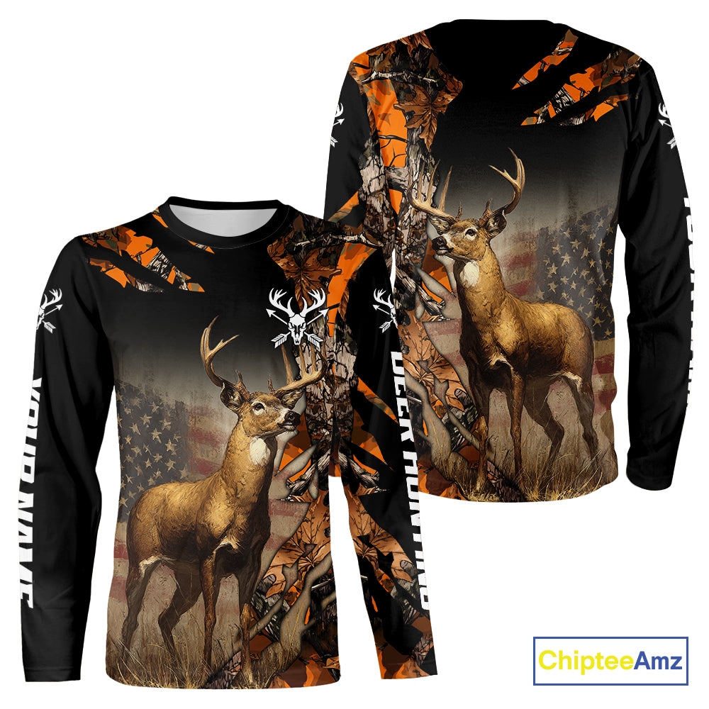 Deer Hunting Shirt Orange Forest Camo US Flag Custom Name Hoodie, Long Sleeve For Men NBT256