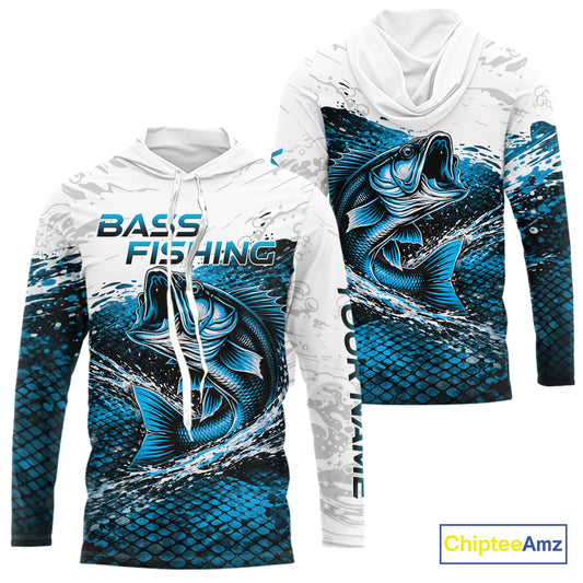 Custom Largemouth Bass Red Fish Scale Long Sleeve Hooded Fishing Shirts, Bass Fishing Jerseys|Blue NBT351