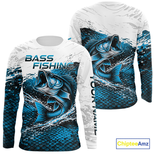 Custom Largemouth Bass Fish Scale Long Sleeve Fishing Shirts, Bass Fishing Jerseys|Blue NBT351