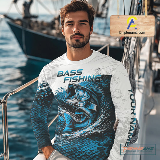 Custom Largemouth Bass Fish Scale Long Sleeve Fishing Shirts, Bass Fishing Jerseys|Blue NBT351