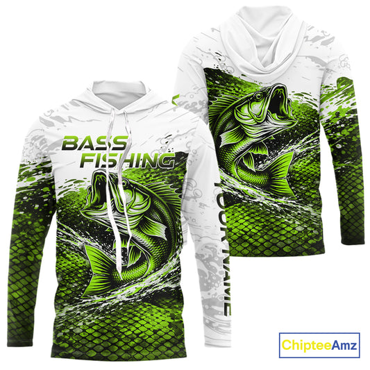 Custom Largemouth Bass Fish Scale Long Sleeve Hooded Fishing Shirts, Bass Fishing Jerseys|Green NBT352