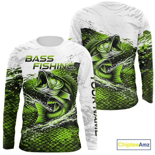 Custom Largemouth Bass Fish Scale Long Sleeve Fishing Shirts, Bass Fishing Jerseys|Green NBT352