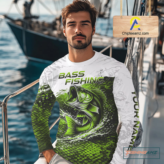 Custom Largemouth Bass Fish Scale Long Sleeve Fishing Shirts, Bass Fishing Jerseys|Green NBT352