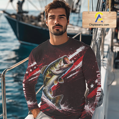 American Flag Fishing Shirt, Bass Fishing Shirts Long Sleeve, Bass Fishing Tournament Shirts|Red NBT434